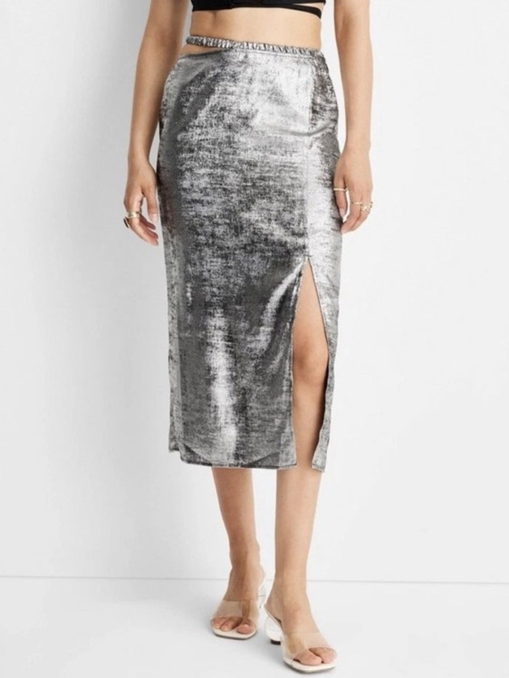 Future Collective Alani Noelle Silver Metallic Halter Midi Skirt Size 12 NWT